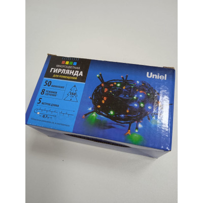 Гирлянда-нить 5м, разноцв., 8режимов, 50ламп (Uniel) IP20