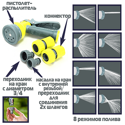 Набор д/полива: пистолет 8реж., 2 коннектора 3/4", соед.штуцер (Inbloom)